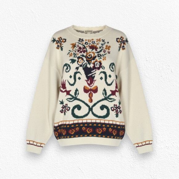 70s Vintage Retro Floral Crewneck Midweight USA Made Knitted Sweater Size Large
